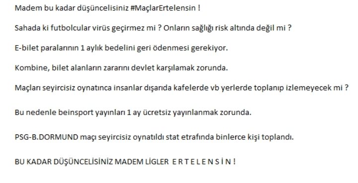 Mevzu insan sağlığıyla tüm #MaçlarErtelensin aksi halde herkes kapalı alanlarda, kahvehanelerde maçları her türlü izleyecek.