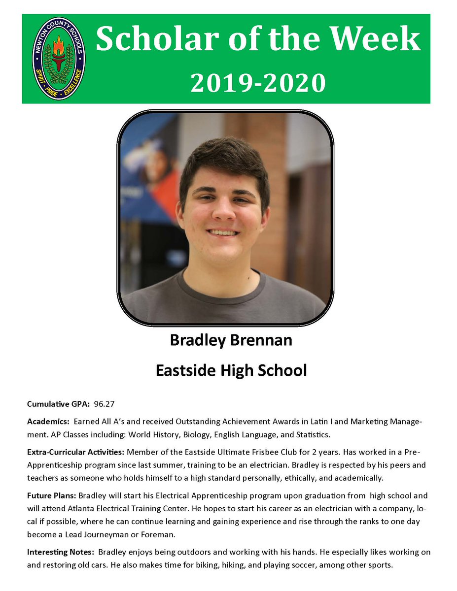 Congratulations to <a href="/EHS_Eagles/">Eastside High School</a> senior Bradley Brennan, one of this week's NCSS Scholars of the Week! #NCSSBeTheBest