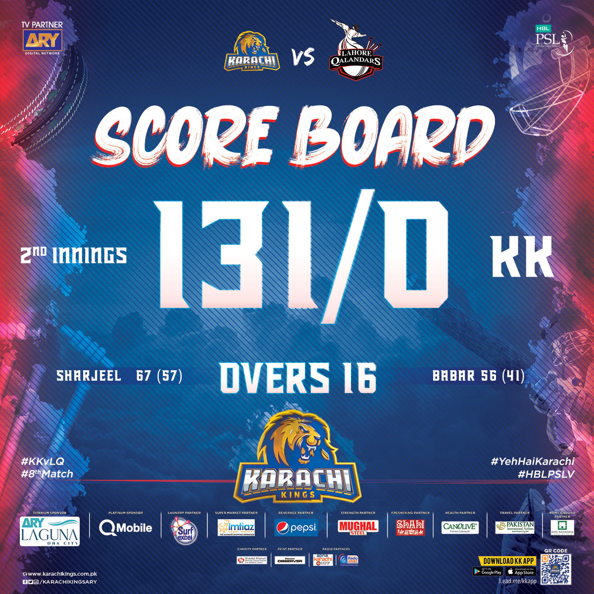 KarachiKingsARY's tweet photo. #MatchUpdate - #KarachiKings - #8thMatch - #HBLPSLV - #KKvLQ

#KK - 131/0 - 16 Overs - 2nd Innings

#BabarAzam - 56 (41)
#SharjeelKhan - 67 (57)

#YehHaiKarachi @babarazam258 @SharjeelLeo14 https://t.co/3LuiFlsD8Y