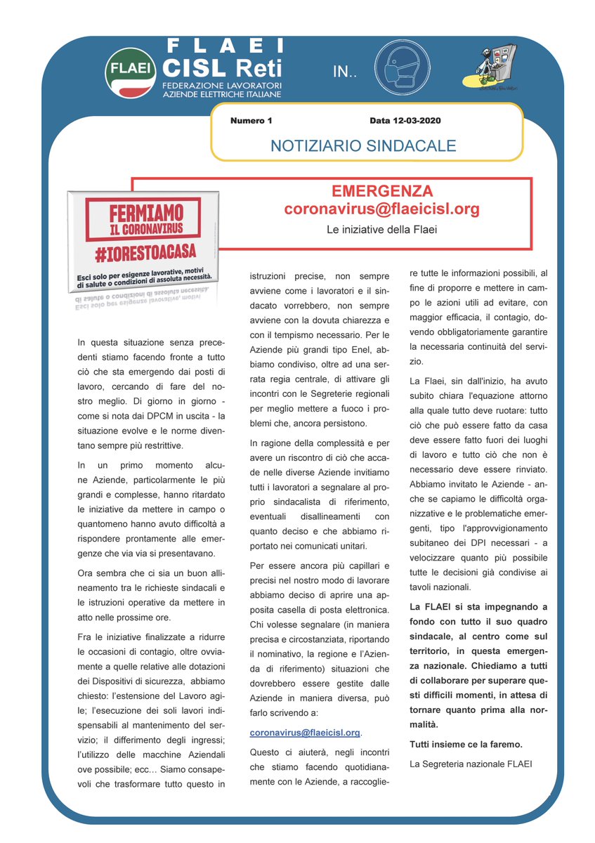 flaeicisl's tweet photo. Le iniziative #Flaei #CIsl in relazione all'emergenza #coronavirus - #iorestoacasa .
@flaeicisl #CislReti https://t.co/Vp1z2z0MKa