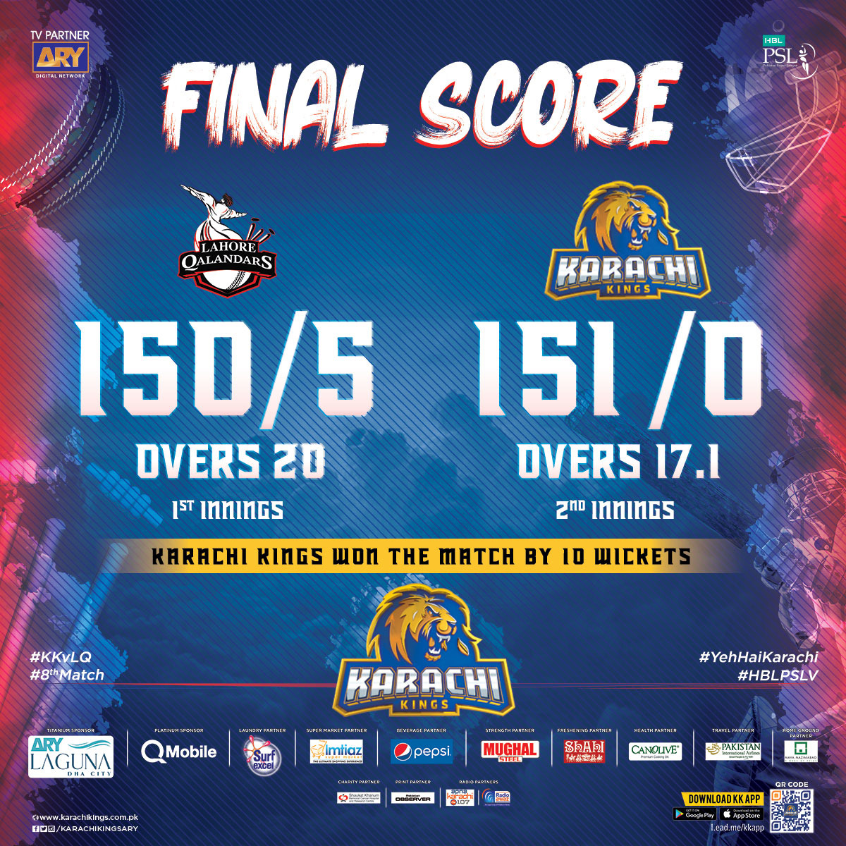 KarachiKingsARY's tweet photo. #MatchUpdate - #KarachiKings - #8thMatch - #HBLPSLV - #KKvLQ

What a finish it is!!!
#KingOpeners #BabarAzam &amp; #SharjeelKhan chased down the total of 1️⃣5️⃣1️⃣ Runs in 17.1 Overs without loosing a single wicket 😎

#YehHaiKarachi 
@babarazam258 @SharjeelLeo14 https://t.co/SrMoYskQlU