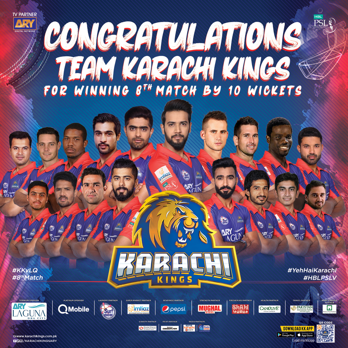 KarachiKingsARY's tweet photo. Congratulations  #KarachiKings for winning this battle against #LahoreQalandars by 1️⃣0️⃣ Wickets 😍😍😍

#KarachiKings #8thMatch #HBLPSLV #KKvLQ #YehHaiKarachi 
@simadwasim @babarazam258 @iamamirofficial @SharjeelLeo14 @AlexHales1 @CJordan @Ifti221 @Oomad_A @iamArshadiqbal https://t.co/nBURn5i4M1