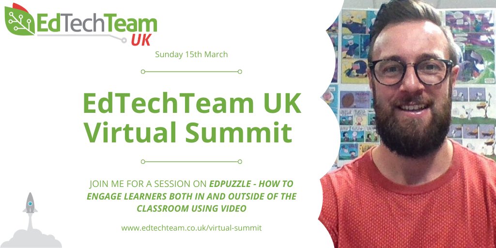 Join me on Sunday 15th March for an #EdTechTeam UK Virtual Summit. I'm delivering a session on Edpuzzle - How to engage learners both in and outside of the classroom using video at 3pm. Register for free at edtechteam.co.uk/virtual-summit