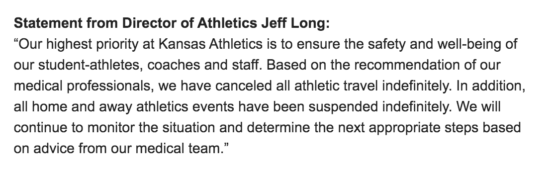 BentonASmith's tweet photo. Per Jeff Long, all KU home and away athletic events suspended indefinitely. https://t.co/PPPhmJtoZt
