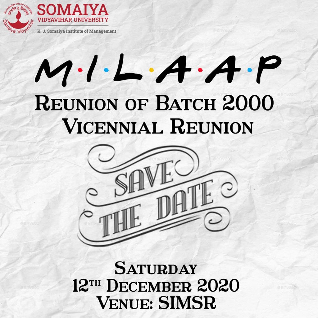 SIMSRAlumni's tweet photo. Save the date!

As you complete 20 years of graduation from @SIMSRofficial, your Alma Mater will be hosting Milaap - Vicennial Reunion of Batch 2000 on Saturday, 12th December 2020.
Hope to see you on 12th December 2020

#BatchOf1995 #MILAAP #AlumniConnect https://t.co/KPWclOOhm3