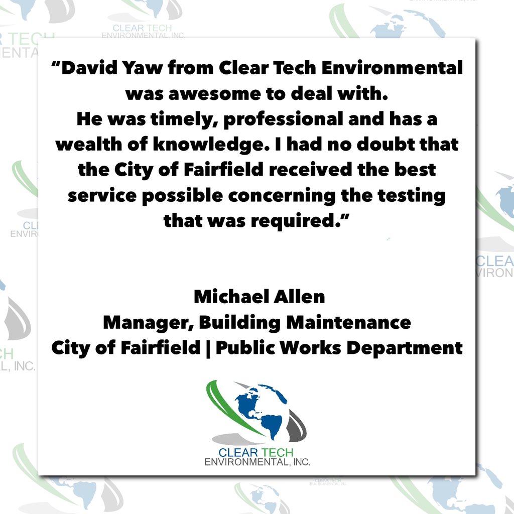 ClearTechEnv's tweet image. Call Clear Tech Environmental, Inc. at (916) 358-9585 or email test@cleartechenv.com for initial and clearance asbestos, lead, mold and bio/bacterial testing.
#ClearTechEnvironmental #asbestos #asbestosremoval #asbestossurvey #construction #asbestosawareness #asbestosabatement