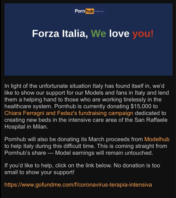 Pornhub is donating it&rsquo;s March proceeds from ModelHub to help our Italy. I have to say I&rsquo;m kinda proud<a href="/tag/stayhomeandwatchpornhub"class="tags"><span>#stayhomeandwatchpornhub</span></a>