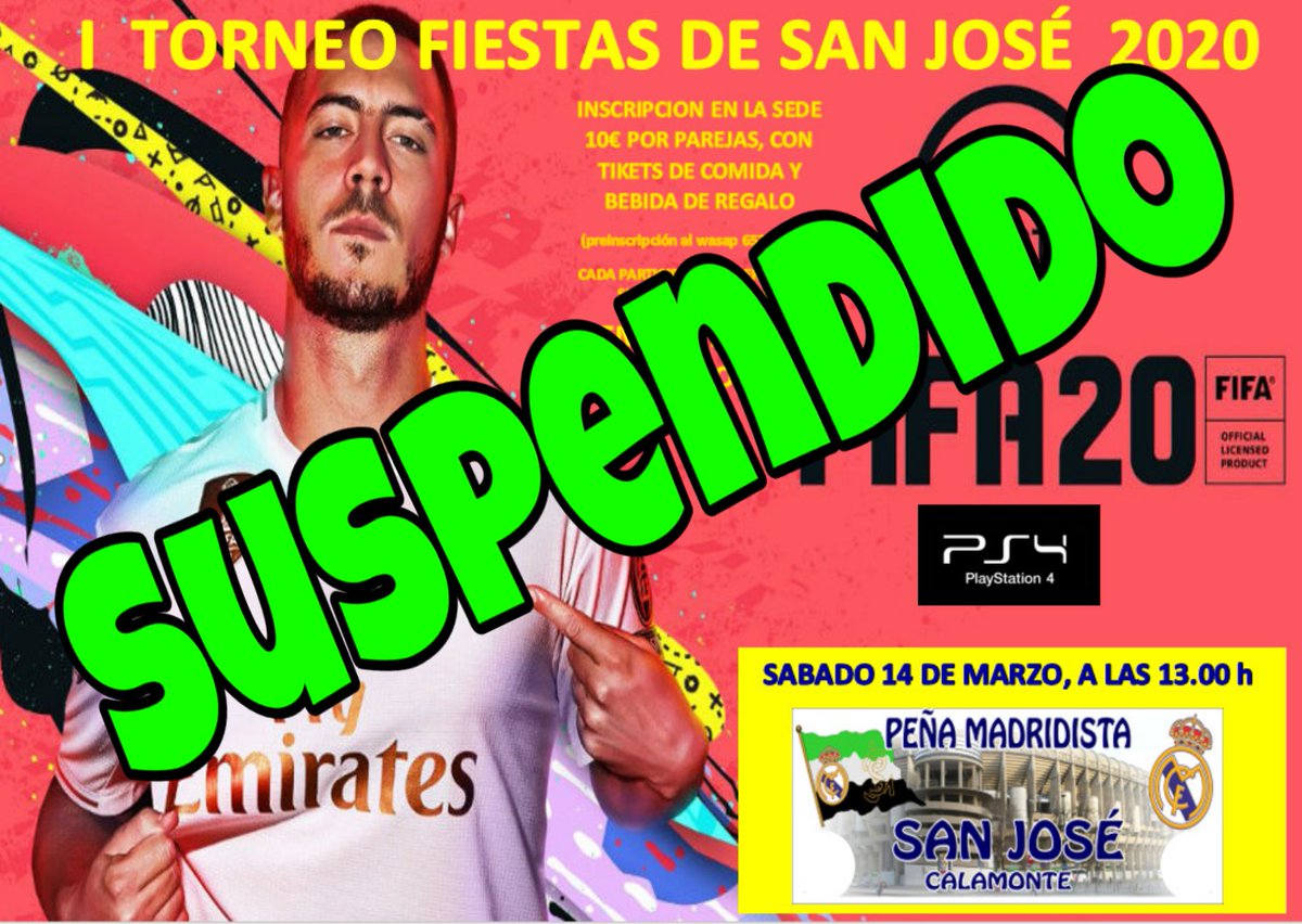 Siguiendo indicaciones de la Consejeria de Sanidad y Bienestar Social de la Junta de Extremadura nos vemos en la obligación de SUSPENDER temporalmente nuestros torneos de Cuatrola, futbolin y FIFA 2020, que teníamos previsto organizar este sábado 14 de marzo