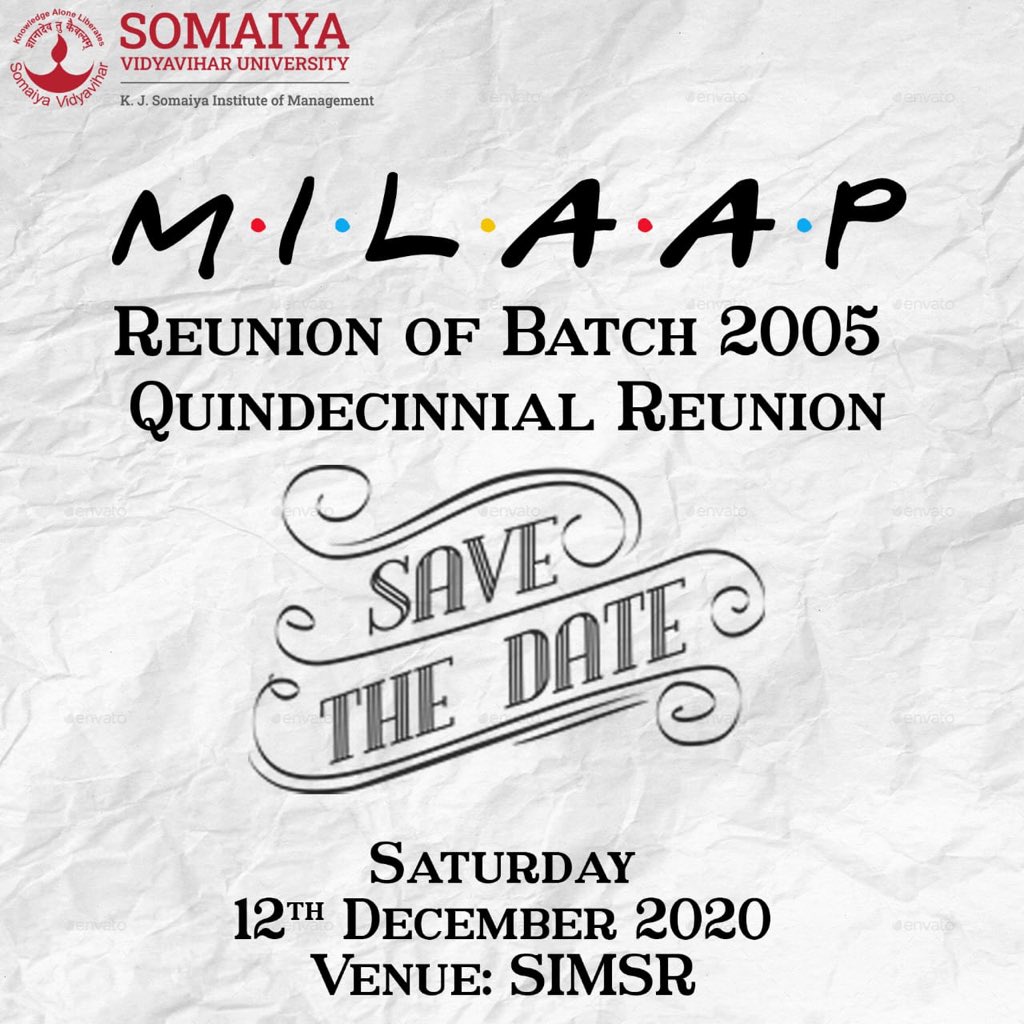 SIMSRAlumni's tweet photo. Save the date!

As you complete 15 years of graduation from @SIMSRofficial, your Alma Mater will be hosting Milaap - Quindecinnial Reunion of Batch 2005 on Saturday, 12th December 2020.
Hope to see you on 12th December!

#BatchOf2005 #MILAAP #AlumniConnect https://t.co/ASsZmwaNx6