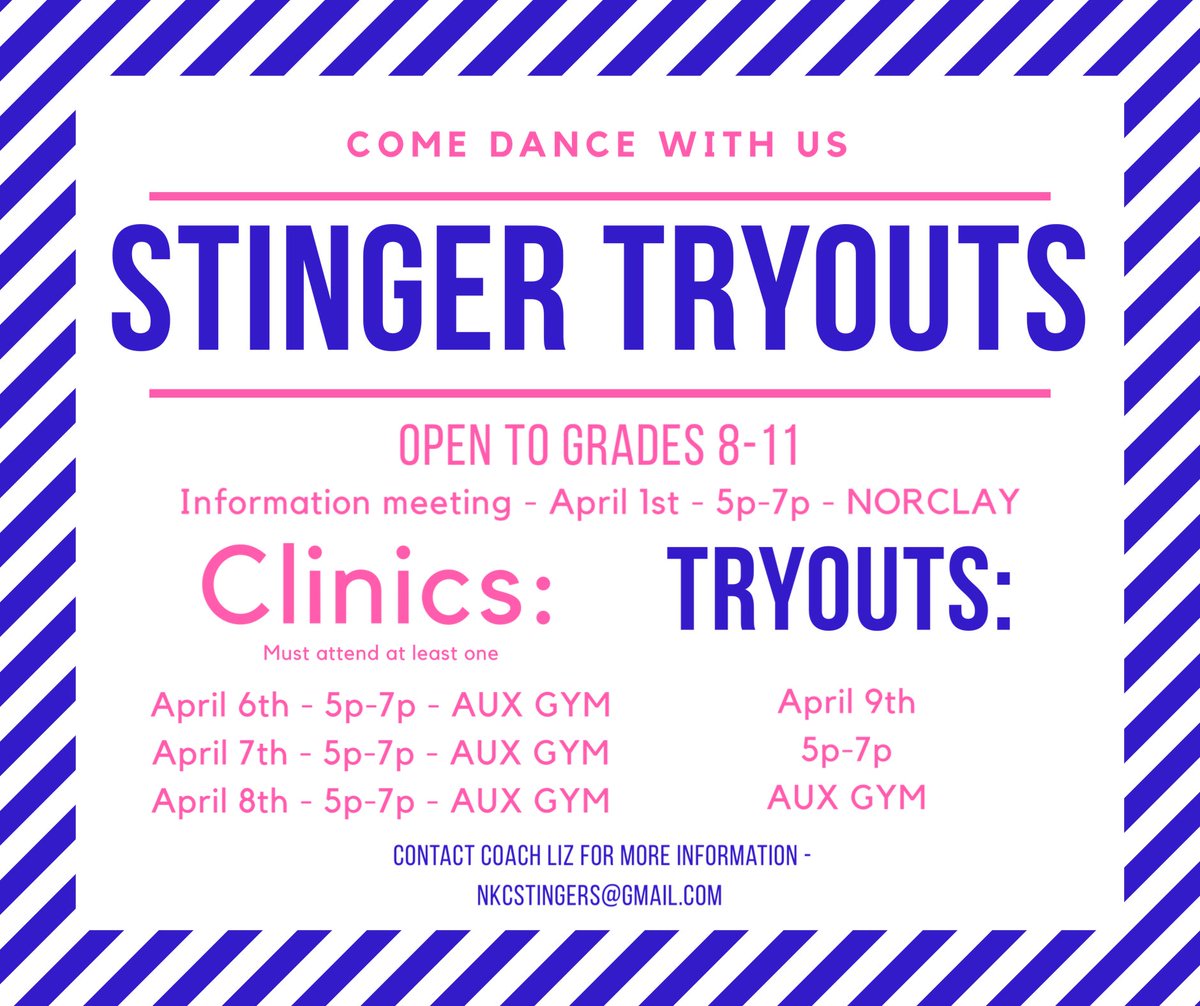 NKCStingers's tweet photo. We want YOU to come be a part of our Stinger family!
Contact Coach Liz at NKCSTINGERS@GMAIL.com for more information! https://t.co/YK4WOOqjTz