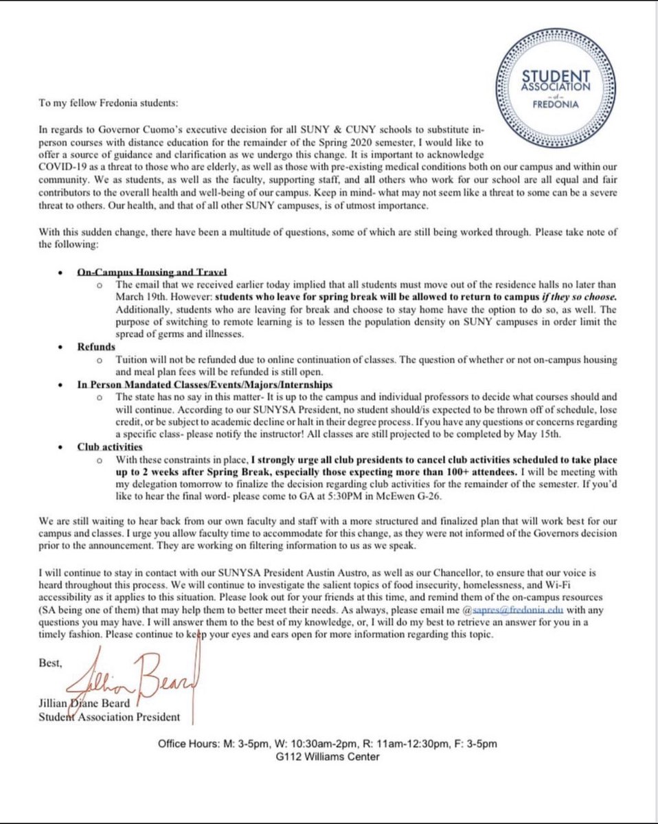 Fredonia_SA's tweet photo. OFFICIAL statement from the Student Association. Any questions, please contact :sapres@fredonia.edu. 
The entire Fredonia community is still in shock and confusion, but the most important thing is to stay safe and healthy. We will all get through this together 🔵⚪️ #bluedevils https://t.co/WDvOGqVISB