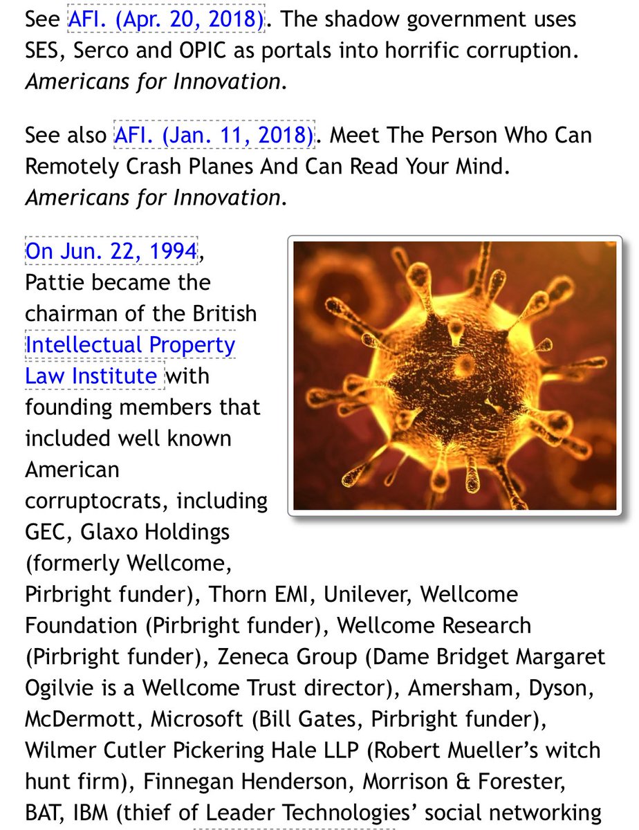 dmills3710's tweet photo. #SERCO Used Its Control Of U.S. Patent Office to Issue Its British Bio-Company, The Pirbright Institute, A Patent On #Coronavirus #COVID19 In Record Time Involved Sir Geoffrey E. Pattie▫️
@POTUS @HHSGov @USTMEX @freedomcaucus @gatewaypundit @GenFlynn
https://t.co/jMqd16cCRy https://t.co/nl39lSDSQC