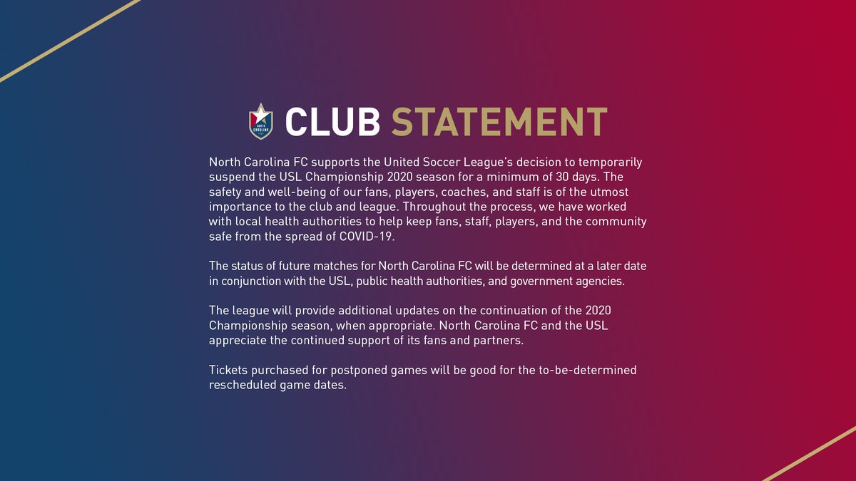 NorthCarolinaFC's tweet photo. Club statement on USL decision to temporarily suspend @USLChampionship season

Read l https://t.co/bPRRPMPZLS https://t.co/MqVxUdkN7T
