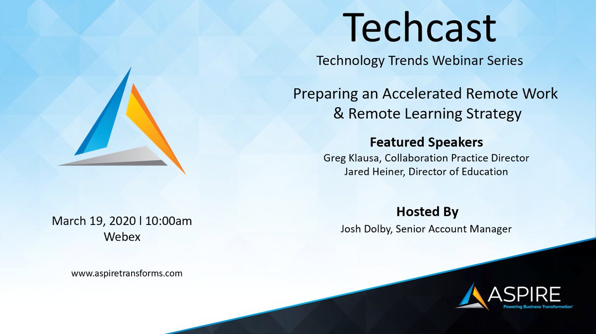 Our upcoming Techcast on March 19 at 10 A.M. will address how organizations and schools can prepare an accelerated remote work &amp; remote learning strategy. 

Register today: ow.ly/Dyqq50yK7vT