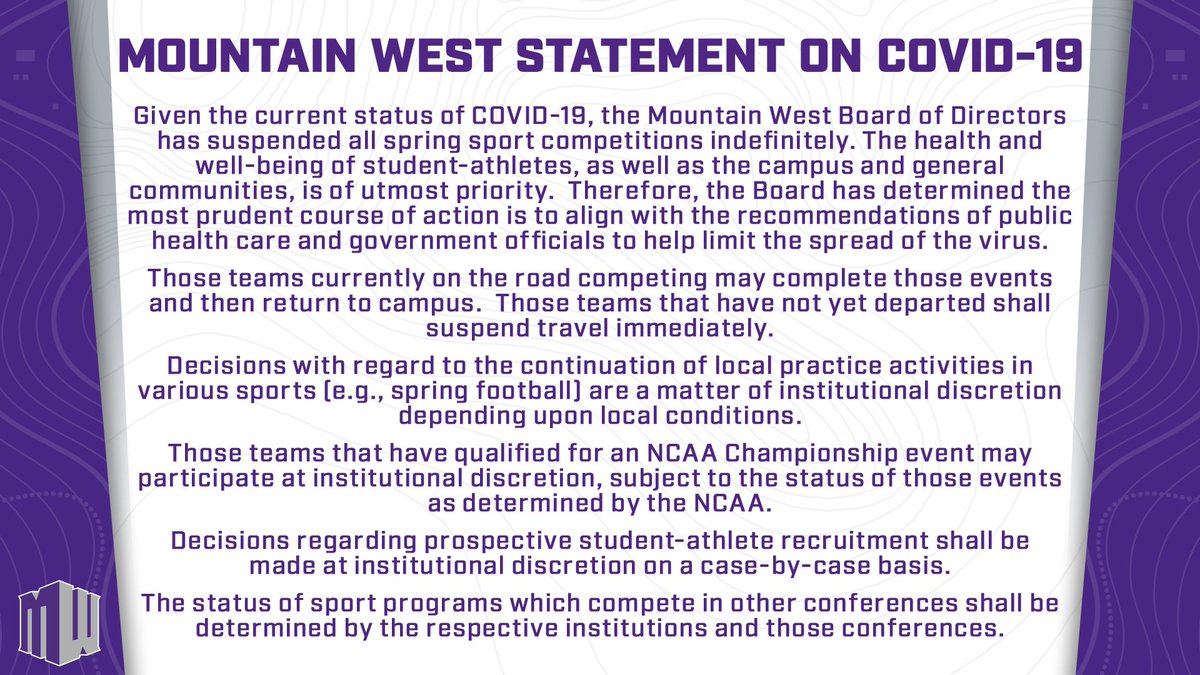 Mountain West Suspends Spring Sports Competitions