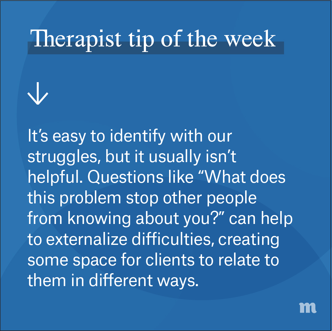motivohealth's tweet image. Often, seeing our struggles in a different light just takes the right questions! Next time a client is identifying with something that they&apos;re going through, try creating some curiosity about how they could relate to it differently.

#narrativetherapy #identity #externalization