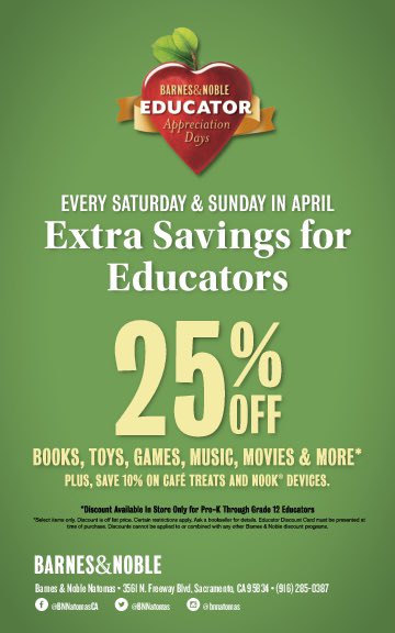 BNNatomas's tweet photo. PreK-12th grade #educators - #savethedate for our #educatorappreciationdays, every Saturday and Sunday in April! #educatorappreciation #educator #teach #teacher #teacherappreciation #educatordiscount #teacherdiscount #homeschool #homeschooler #sacramento #sacevents #natomas https://t.co/sFHLOVEP2b