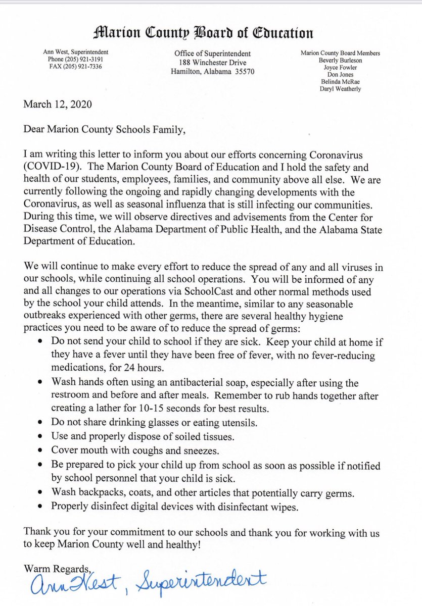 MarionCoSchools's tweet photo. Attached is a letter from Superintendent Ann West concerning COVID-19. https://t.co/mdN8LHB1qO