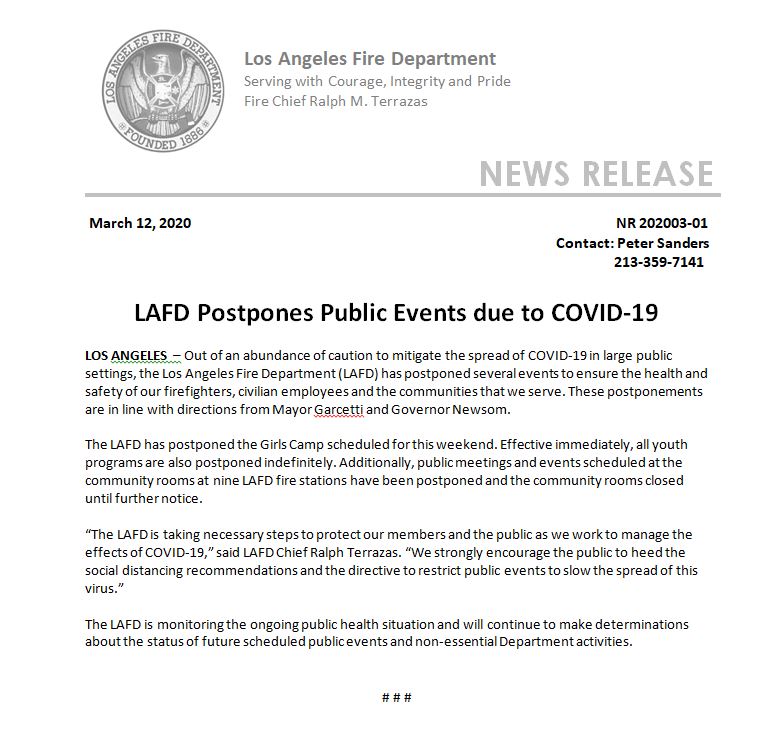 In accordance with the directives of <a href="/MayorOfLA/">Mayor Karen Bass</a> <a href="/CAgovernor/">Governor Gavin Newsom</a> Your #LAFD is postponing several events to ensure health/safety of firefighters, civilian employees and the communities we serve (Girls Camp, all youth programs &amp; public meetings at fire station community rooms