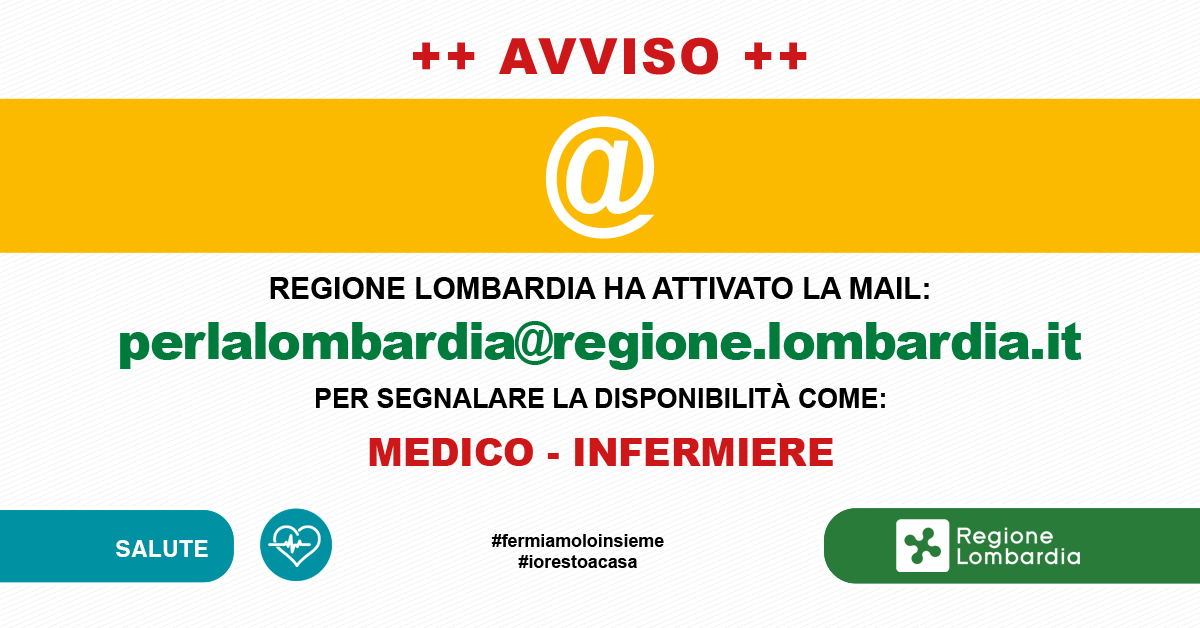 RegLombardia's tweet photo. #coronavirus #fermiamoloinsieme     
Sono già 650 le persone che hanno risposto al nostro appello! Se sei medico o infermiere/a, unisciti a loro, e segnala la tua disponibilità alla mail perlalombardia@regione.lombardia.it https://t.co/zOsvKYhmME