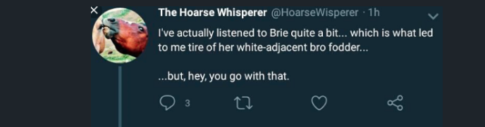 Back to the media/politico/online personalities feedback loop: there's Hoarse Whisperer, who, though he tried to hide behind a hoarse avi, we now know is a white man, has called Sanders press secretary, Briahna Joy Gray, a Black woman, "white adjacent bro-fodder" (41/?)