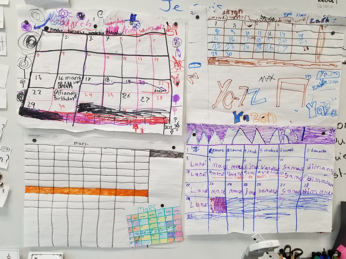 Yesterday students played a game to complete an estimate chart of the time an activity takes compared to so singing the alphabet song. Today we brainstormed what we knew about time and calender. In groups we created a March calendar. We noticed we had different start days.
