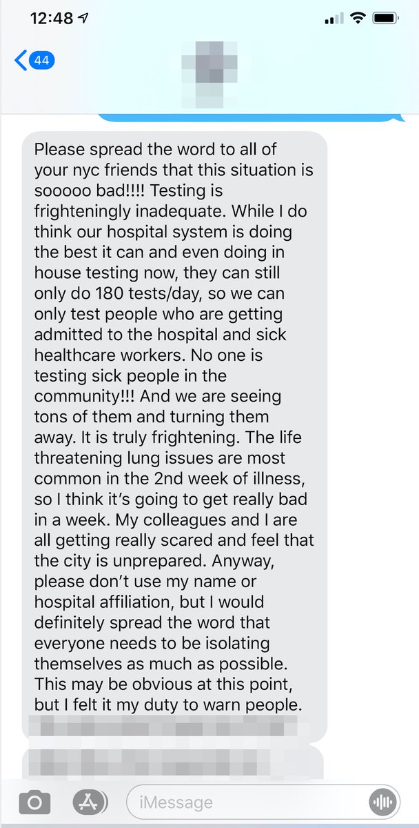 I received the following text from an ER doctor in NYC this morning. It underscores how bad things might get and how important it is to isolate now, if possible. Here's the text: "Please spread the word to all of your nyc friends that this situation is sooooo bad!!!!..."