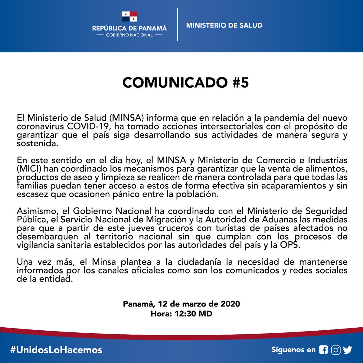 Junto al <a href="/MICIPMA/">Ministerio de Comercio e Industrias de Panamá</a> coordinamos los mecanismos para garantizar que la venta de alimentos, productos de aseo y limpieza se realicen de manera controlada para que todas las familias puedan tener acceso a estos de forma efectiva. #UnidosLoHacemos