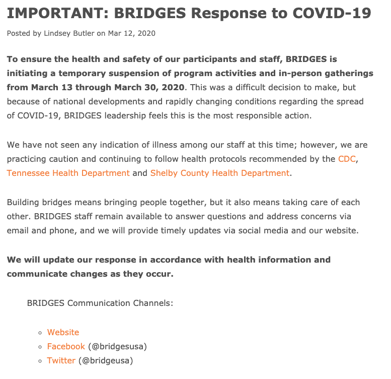 BRIDGESUSA's tweet photo. BRIDGES is initiating a temporary suspension of program activities and in-person gatherings from March 13 through March 30, 2020 in response to COVID-19. Read more on our website: https://t.co/X1ef2wuBvO https://t.co/hNMLDnYxGD