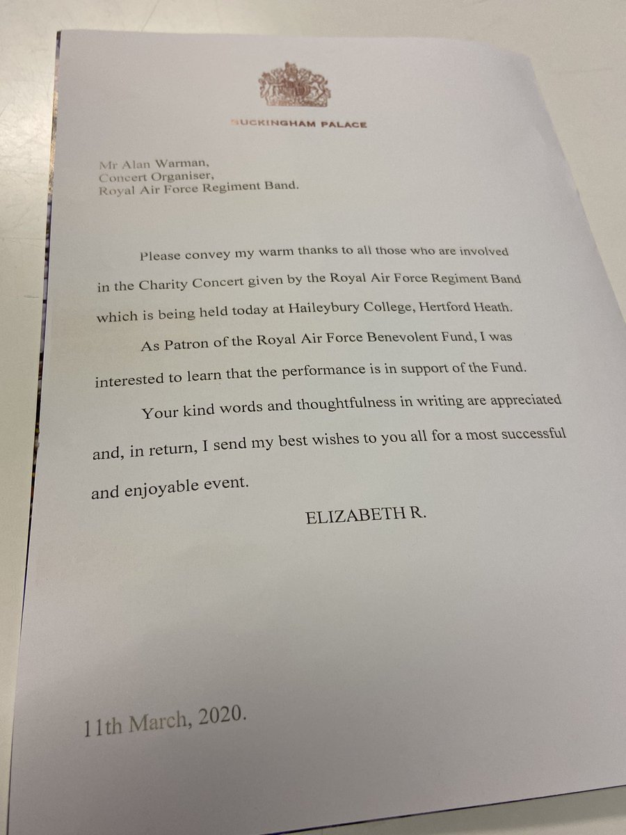 Last night I attended the band of the Royal Air Force regiment at their charity concert on behalf of the <a href="/RAFBF/">RAF Benevolent Fund</a> held at <a href="/HaileyburyUK/">Haileybury</a>. 
@OCHertsBucks <a href="/hertslieutenant/">The Lord-Lieutenant of Hertfordshire</a> <a href="/HertsSheriff/">Herts High Sheriff</a> @hbwaircadets