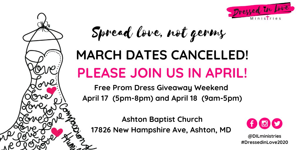 DILministries's tweet photo. Due to the current virus in MD, we are taking the precaution of cancelling our March event. Please join us in April or contact us for an earlier appointment if needed! We want to help you find your free prom dress! #DressedinLove2020 https://t.co/ptUUx2RtCP