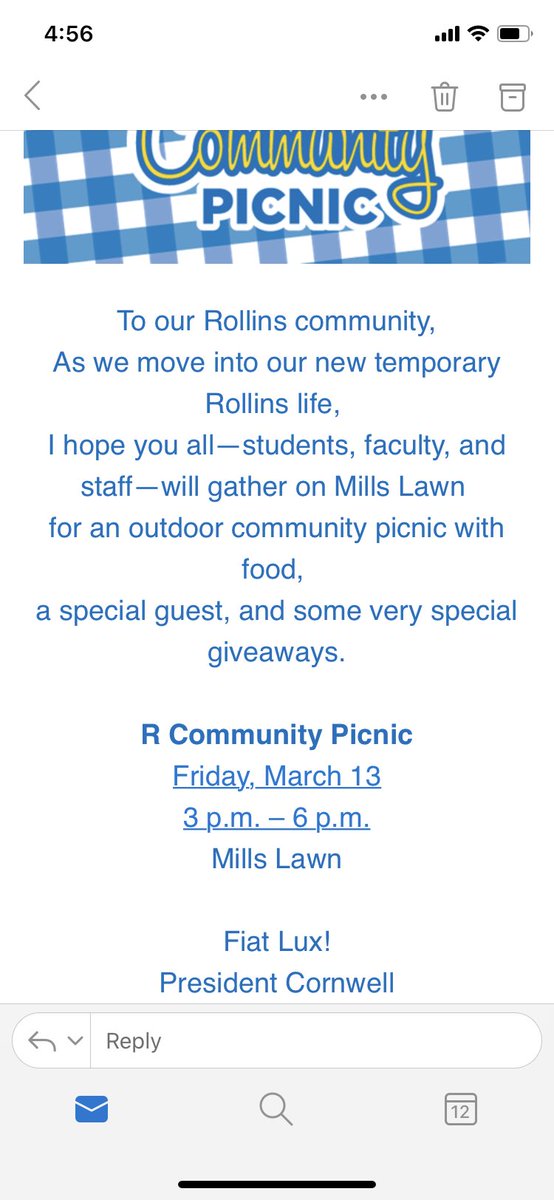 rvalocchi2's tweet photo. Rollins: cancel all the sports, online classes only, everyone needs to flee

Also Rollins: lets have a large gathering of the entire student body all at the same time https://t.co/nqjFBM4BZY