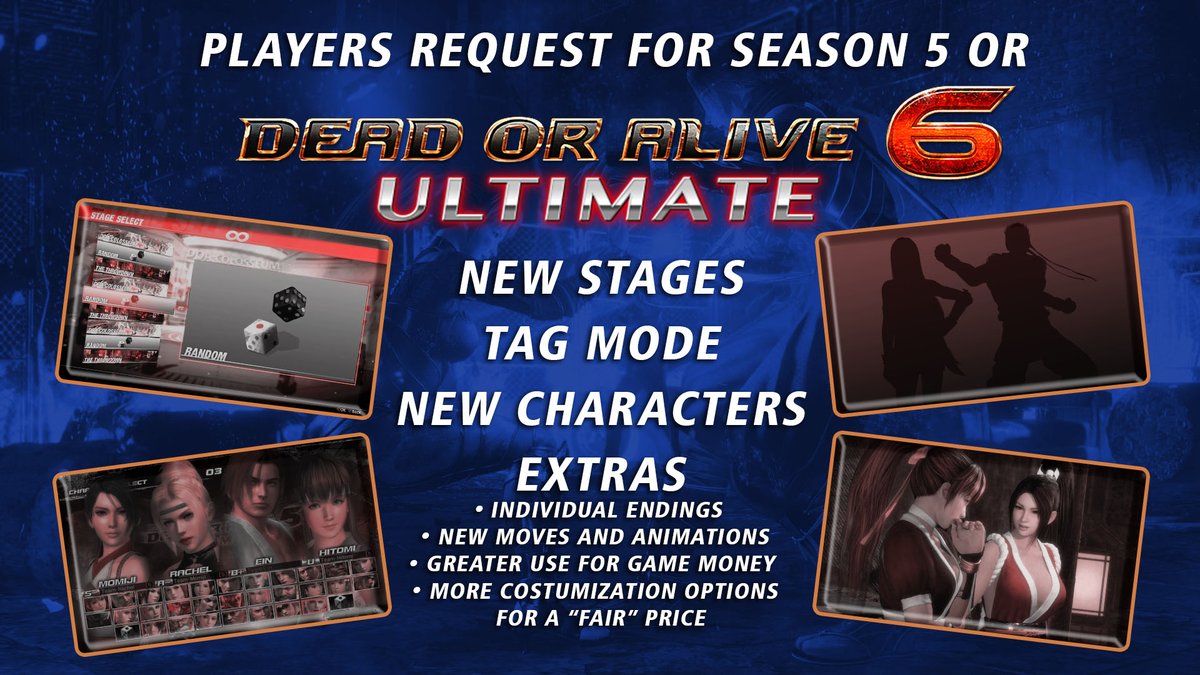 EderRamosdeOli1's tweet photo. Many players request for a season 5 or DOA6U:
New Stages - Tag Mode - New Characters (original and guest) - Extras  #deadoralive6 #savedoa6 #deadoraliveforever  @DOATEC_OFFICIAL @koeitecmogames @brasil_dead @EmeryReigns @ValentineYunii @ZakkuRye @TeamNINJAStudio https://t.co/GBgupfolEc