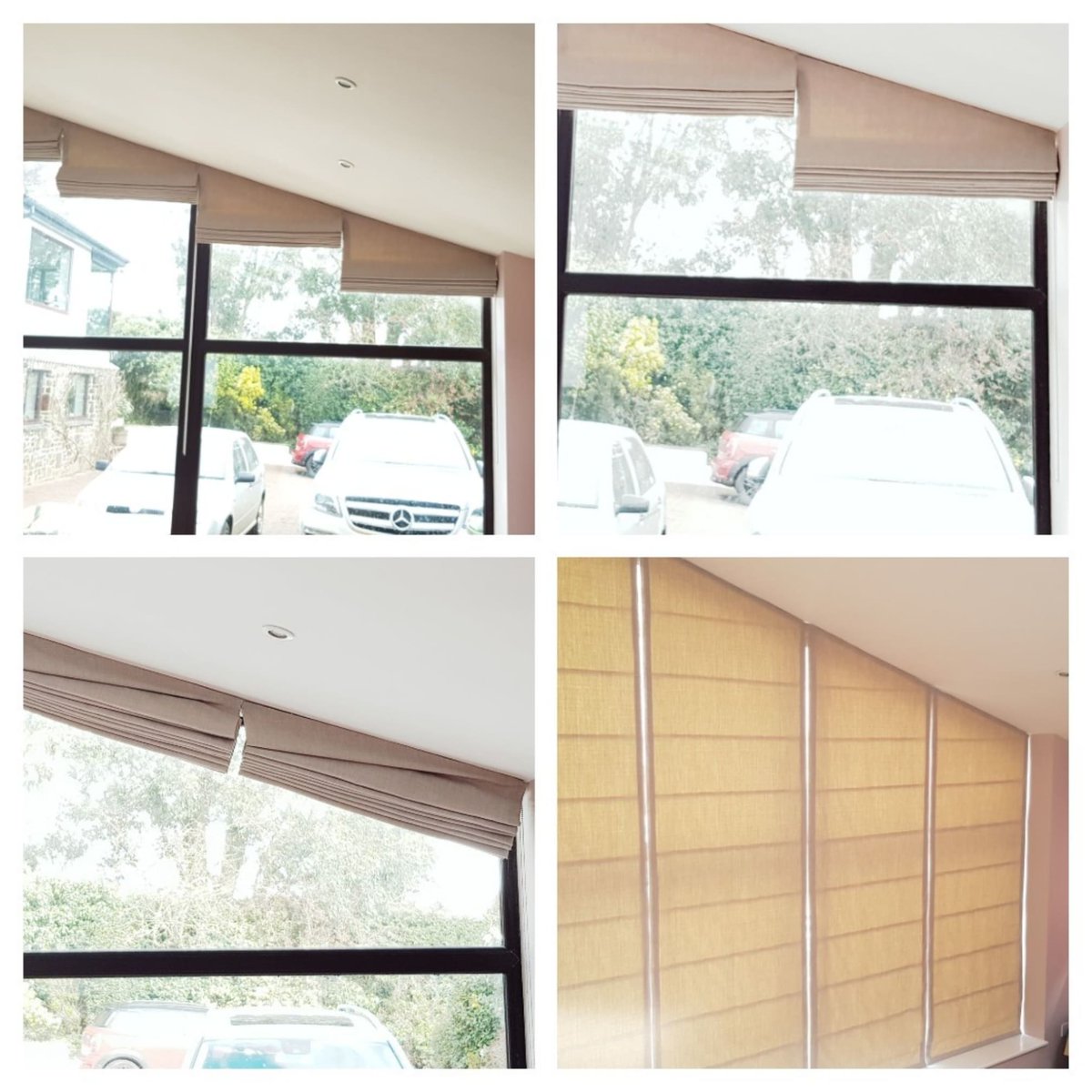 Apex window with shaped roman blinds. Angled and retractable on a corded chain system.