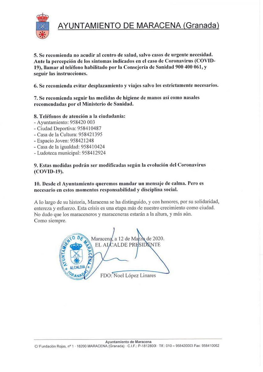 Desde el Ayuntamiento, con el fin de contener la propagación del #Coronavirus, y tras las últimas directrices de ministerio y Junta de Andalucía, hemos enviado un bando de medidas preventivas e instrucciones. En esta etapa debemos colaborar, entre todos, desde la responsabilidad.