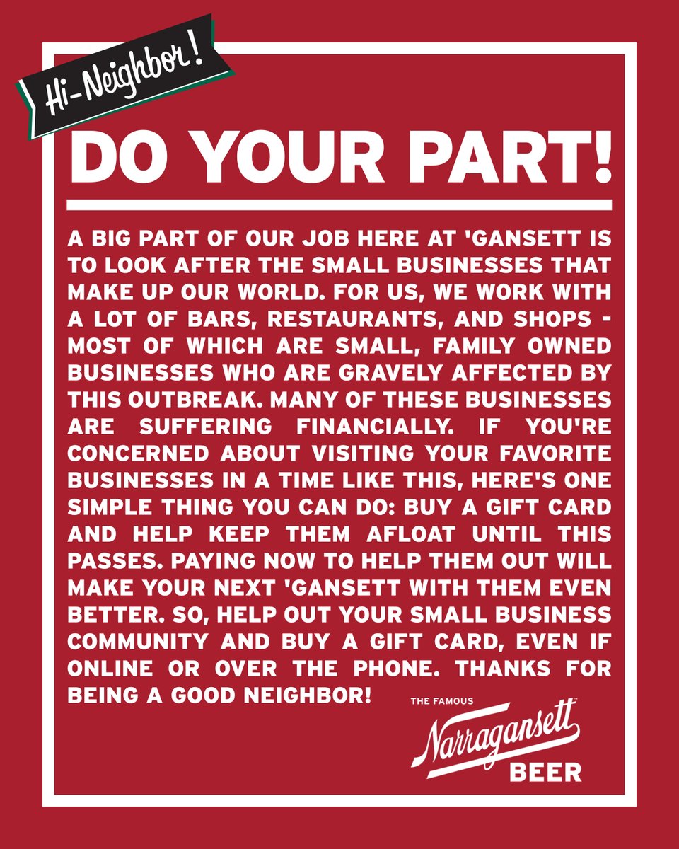 Gansettbeer's tweet image. Please help out small businesses everywhere and give this a retweet. A lot of business owners are hurting out there. Buying now and shopping later could really make a difference. #HiNeighbor #CoronavirusPandemic
