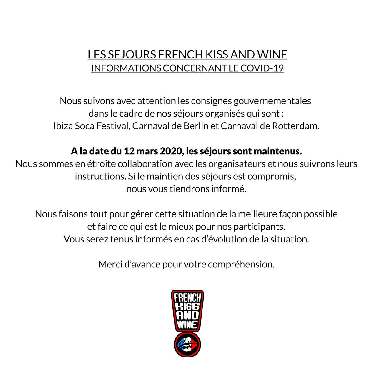 FkwSoca's tweet photo. ⚠️ INFORMATIONS IMPORTANTES 
🚨 SÉJOURS #FKW/COVID-19 
#FrenchKissAndWine #Carnival #Coronavirus #Covid19 https://t.co/7b0OpF2M1S