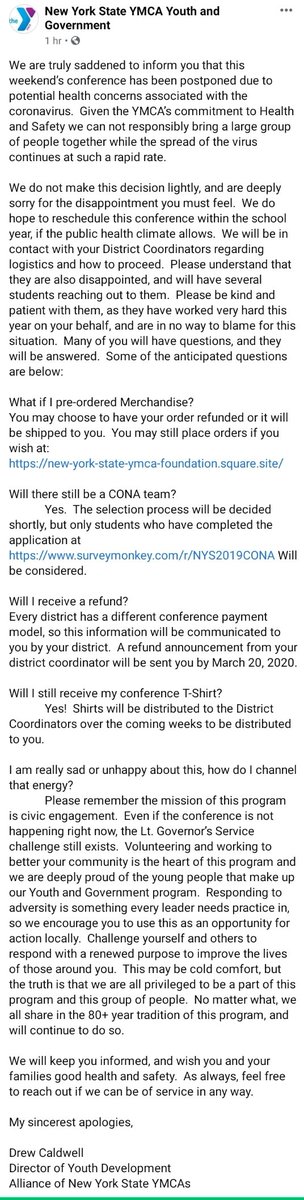 We are truly saddened to inform you that this weekend’s conference has been postponed due to potential health concerns associated with the coronavirus.  Given the YMCA’s commitment to Health and Safety ...
facebook.com/275861648114/p…