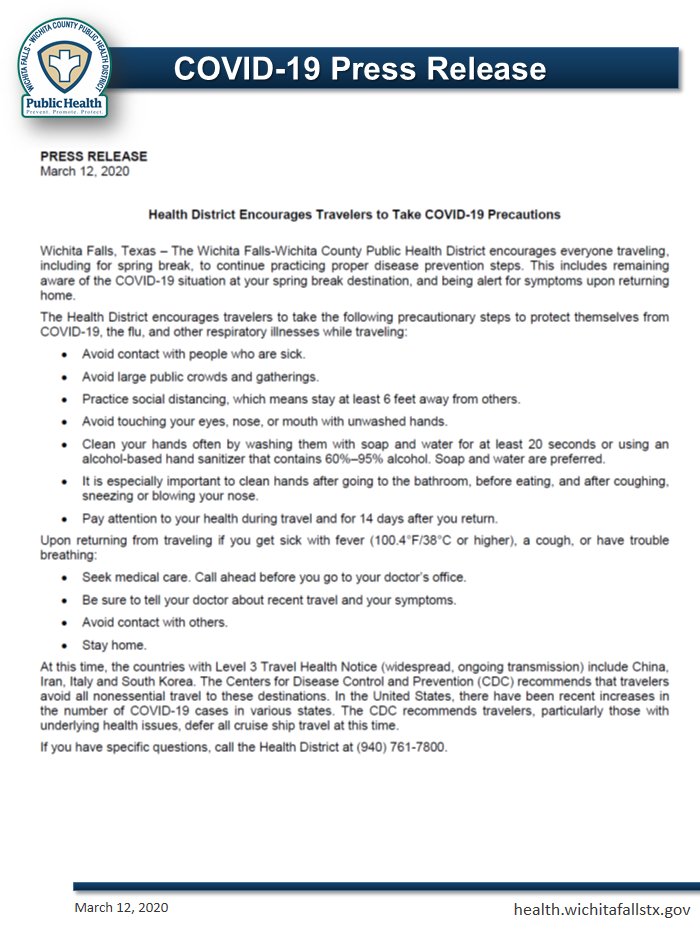 WFOEP's tweet photo. The Wichita Falls-Wichita County Public Health District has issued a press release encouraging everyone who is traveling, including spring break, to continue practicing proper disease prevention steps. https://t.co/6c5CGHlRvv