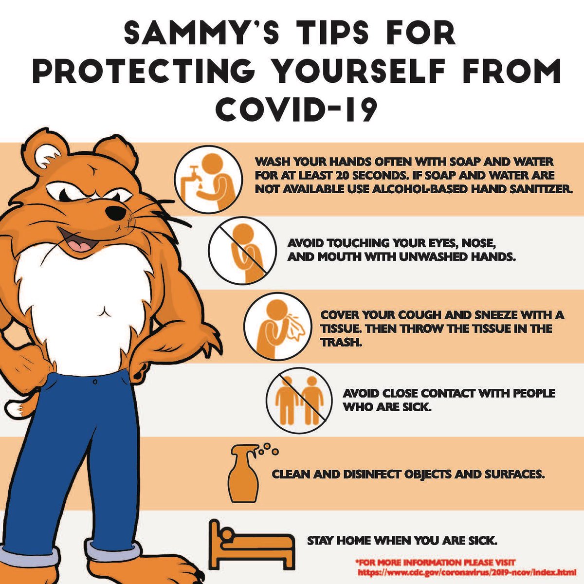shsucailife's tweet photo. #Bearkats: Sammy’s Tips For Protecting Yourself From COVID-19. For more information regarding #SHSU updates please visit #KATSafe. https://t.co/8I0BxQyasG