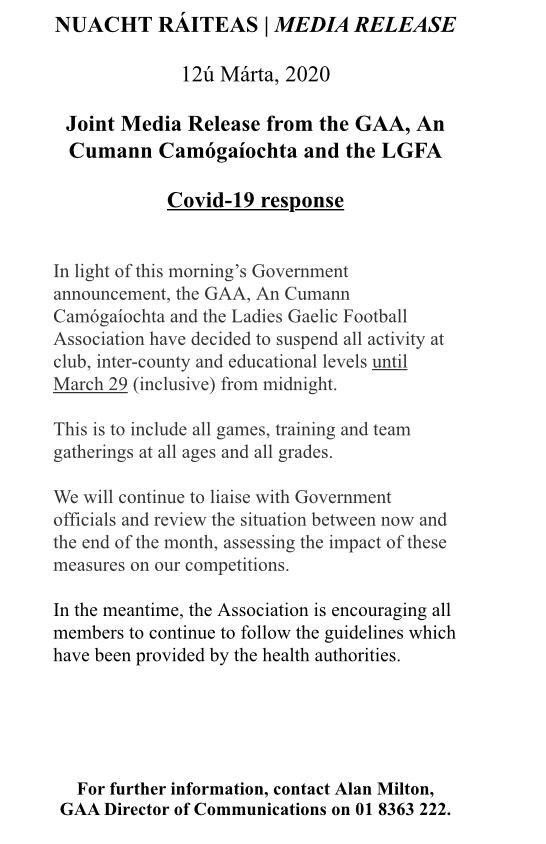 Please note that all games and training have been postponed