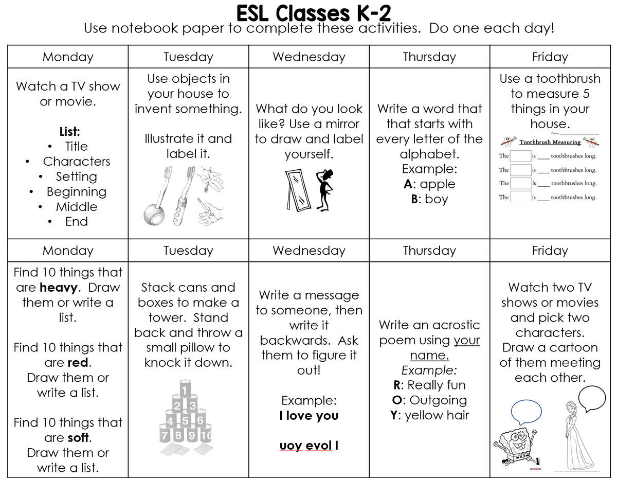 MrsMCEDU's tweet photo. I'm ready to send this home with my K-8 #ELL students if needed.  As much as I love and use #edtech, these are all #techfree.  They only need pencils, paper, and things they can find at home. Google Drive: https://t.co/Y47zl9ngvF #ellchat #ESL https://t.co/oyjIuNwvBN