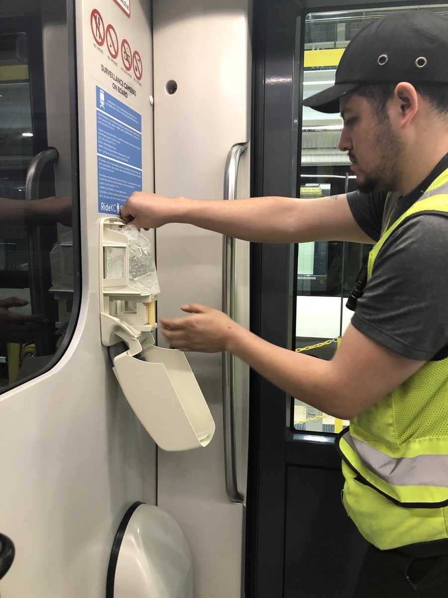 Our streetcars have a new addition on board. Every #kcstreetcar vehicle is now equipped with hand sanitizer dispensers. Read more about what the #kcstreetcar team is doing to keep passengers &amp; staff safe. kcstreetcar.org/clean/ #coronavirus #COVID19