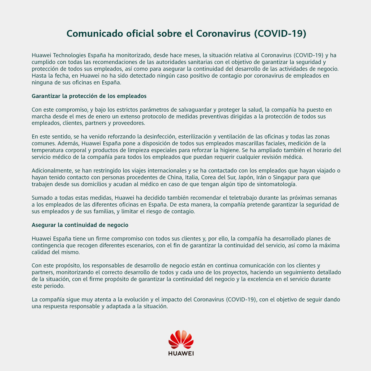 HuaweiSpain's tweet photo. Comunicado oficial sobre el #COVID_19 https://t.co/thGZybmlRV https://t.co/CEqNzsG5vK