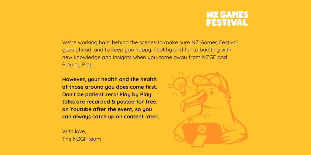 nzgamesfest's tweet photo. Kia ora #NZGF20 & #PBP20 fans!
We've had a number of questions regarding whether NZ Games Festival and Play by Play will progress in light of recent global games event cancellations due to the threat of Covid-19. The short answer is: yes! 😃
⬇️ Graphics transcript in thread ⬇️ https://t.co/cAR7N65Hgn