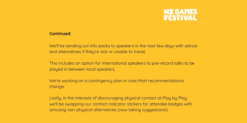 nzgamesfest's tweet photo. Kia ora #NZGF20 & #PBP20 fans!
We've had a number of questions regarding whether NZ Games Festival and Play by Play will progress in light of recent global games event cancellations due to the threat of Covid-19. The short answer is: yes! 😃
⬇️ Graphics transcript in thread ⬇️ https://t.co/cAR7N65Hgn