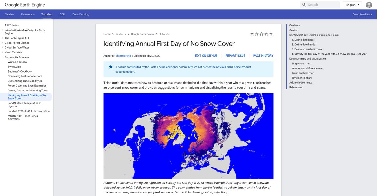 jstnbraaten's tweet photo. New #EarthEngine tutorial from @aharmstrong12 and 
@morgan_tassone on tracking the first day of the year with 0% snow cover using #MODIS 🌡️❄️🌎

👉https://t.co/ORvOHah0aO https://t.co/738xgO0cQm