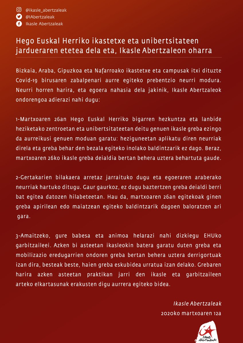 IASozialista's tweet photo. 🔴 OHARRA | Hego Euskal Herriko ikastetxe eta unibertsitateen jardueraren etetea dela eta, Ikasle Abertzaleon oharra.

👉 https://t.co/9GMFXVWuJB https://t.co/3qWbK2Cf42