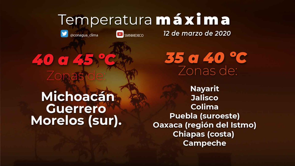 conagua_clima's tweet photo. #Pronóstico de #Temperaturas máximas 🌡️ para hoy en algunas entidades de #México 🇲🇽 👇🏽 https://t.co/cByWOXe9DM