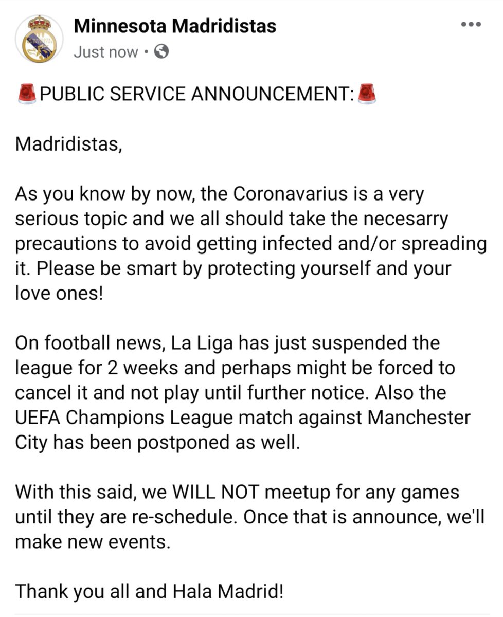 MNMadridistas's tweet photo. All meet-ups are obviously canceled. Stay safe Madridistas. https://t.co/kMbIbku1HB